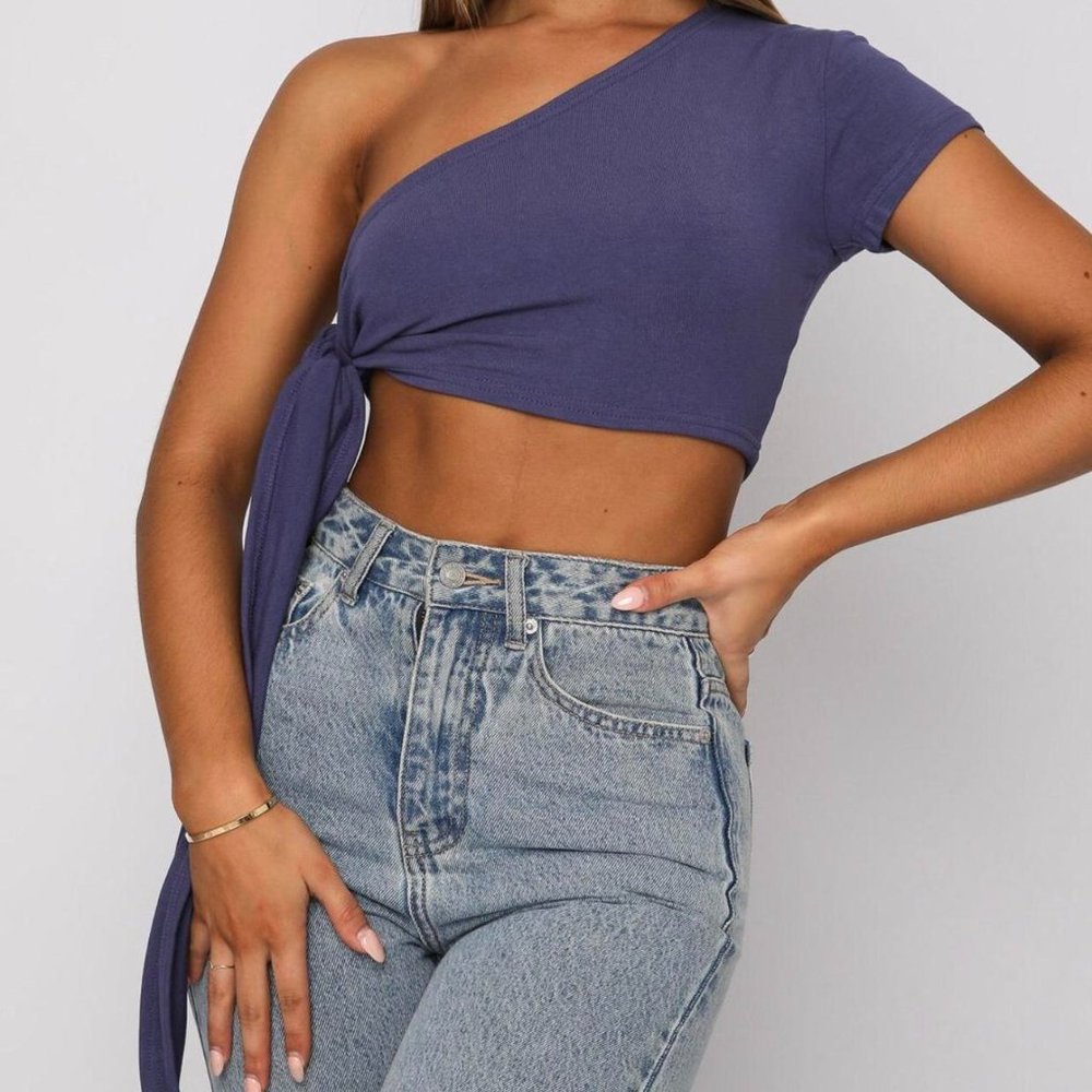 charcoal blue tie side one shoulder top